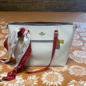 Coach Ivory Leather Shoulder Bag with Red, Blue,and YellowTrim and Gold Hardware